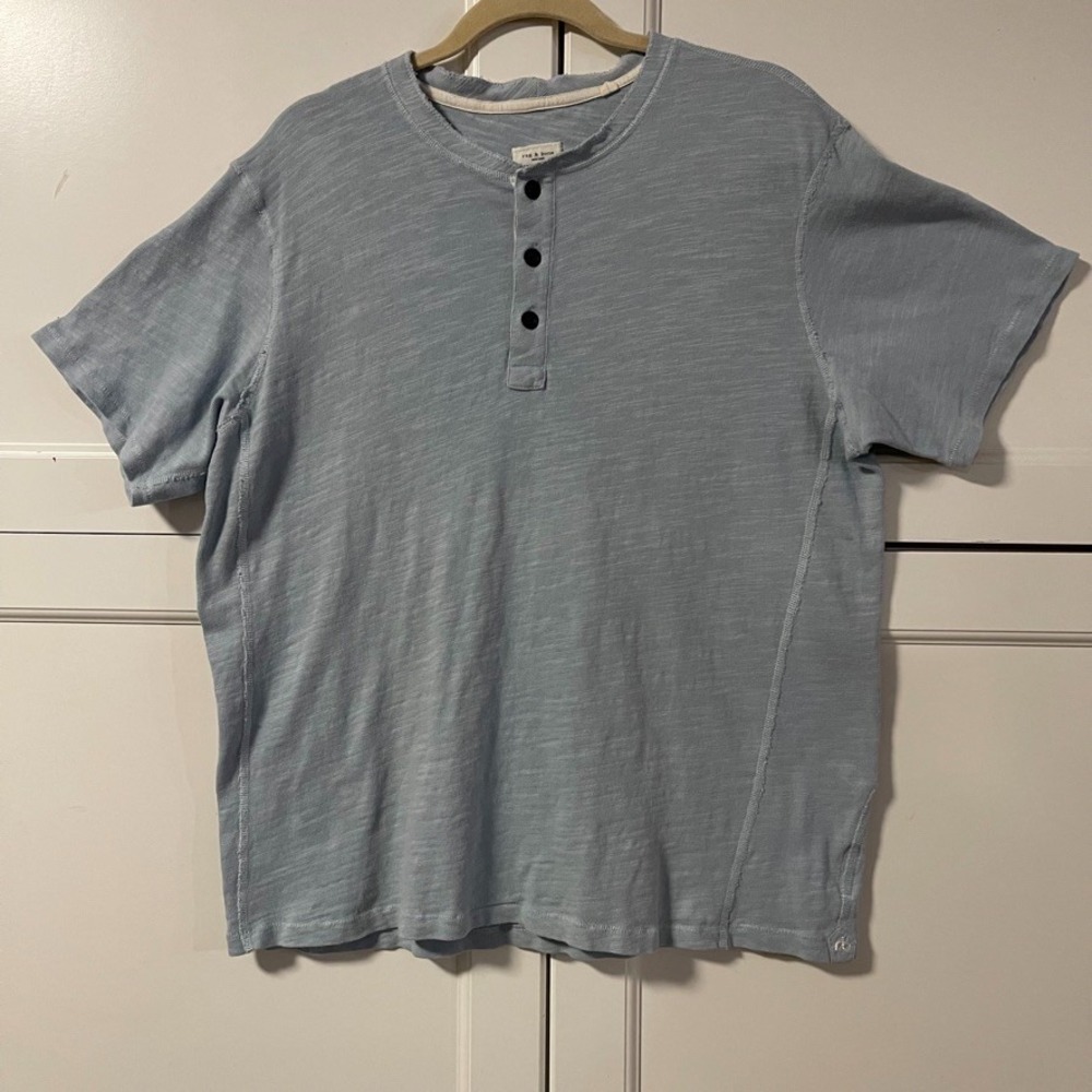 Rag & Bone Mens Slub Cotton Henley Shirt Light Blue Short Sleeve Size XL